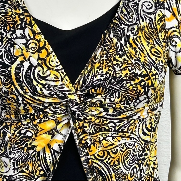Carole Little Top Yellow Black Floral V Neck XL Short Sleeve Y2K Paisley Vintage - Picture 1 of 11